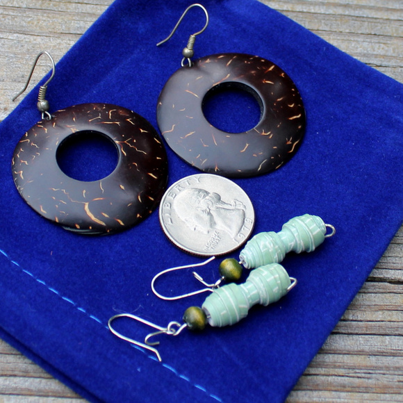 2 Pairs Handmade Earrings: Jade Spin & Wood Circle - Picture 2 of 8